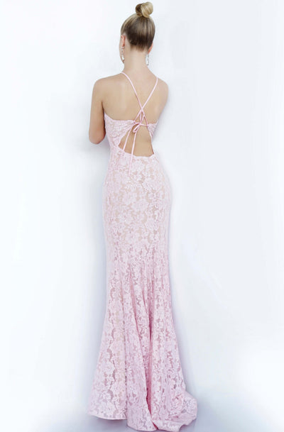 Jovani - 68431 Keyhole Halter Beaded Lace Gown In Pink
