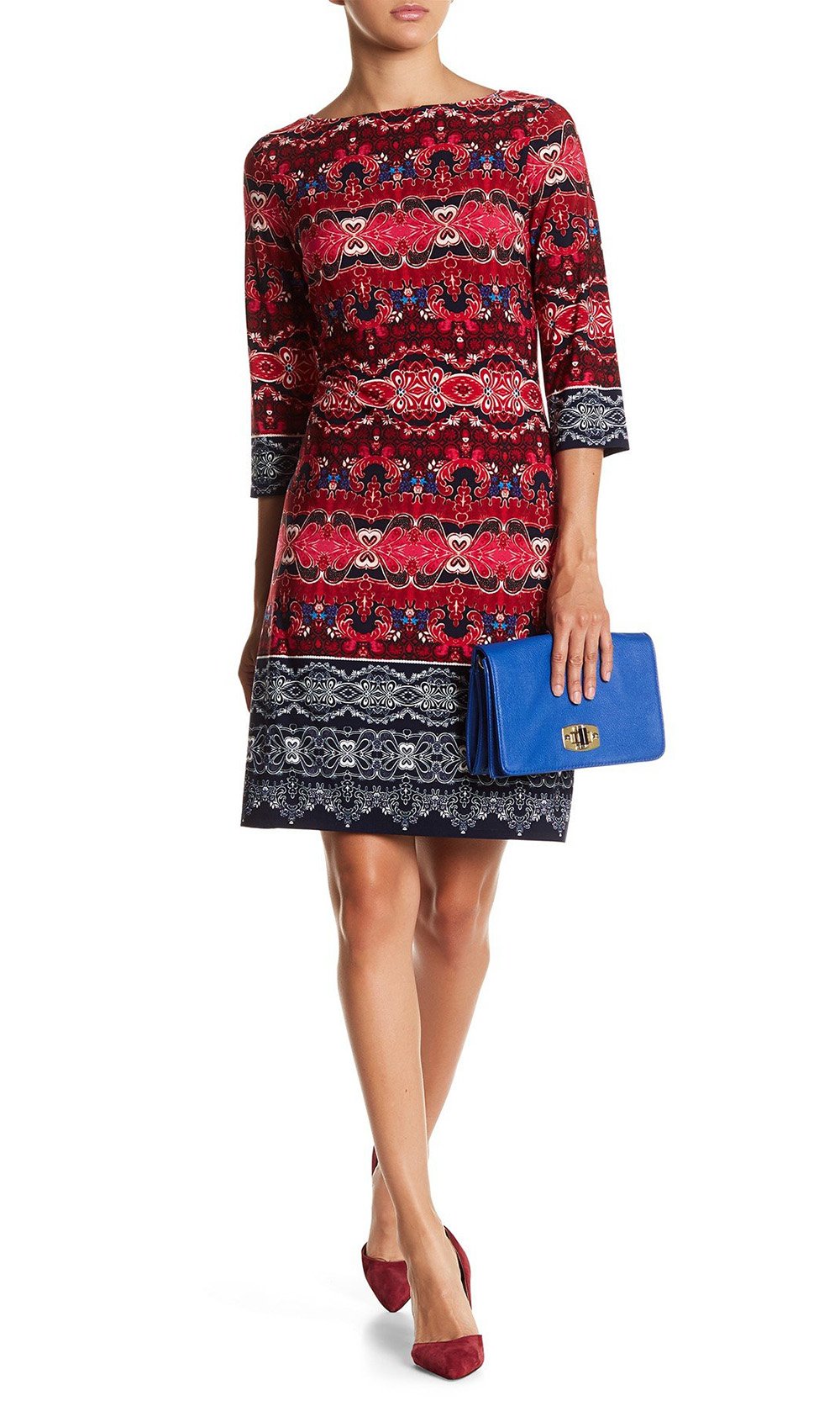 London Times - T2384M Quarter Sleeve Multi Print Jersey Dress In Pink and Multi-Color
