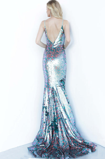 Jovani - 68705 Sequined Deep V-neck Trumpet Dress With Train In Multi-Color