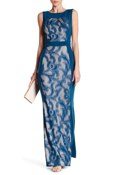 Sangria - DWHGC93 Sleeveless Lace Panel Gown in Blue and Neutral