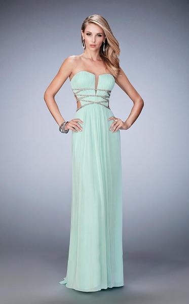La Femme - 22465 Ruched Deep V-neck Column Dress In Green