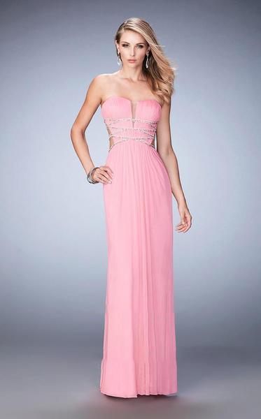 La Femme - 22465 Ruched Deep V-neck Column Dress In Pink