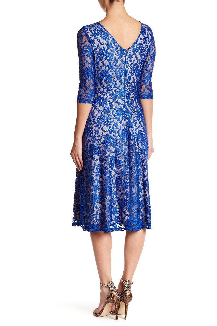 Sangria - AMYKV27 Tea Length Floral Flared Dress in Blue and Neutral