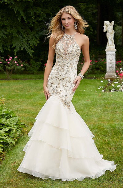 Mori Lee - 45002 Jeweled Strappy Beaded Mermaid Dress In White and Gold