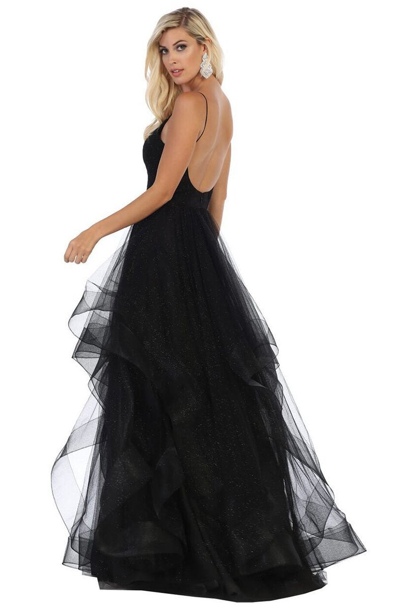 May Queen - Crisscross Rendered Glitter Ruffled Evening Dress RQ--7658 In Black