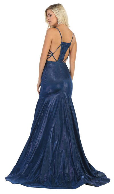 May Queen - RQ7739 Strappy Plunging V-Neck Trumpet Dress In Blue