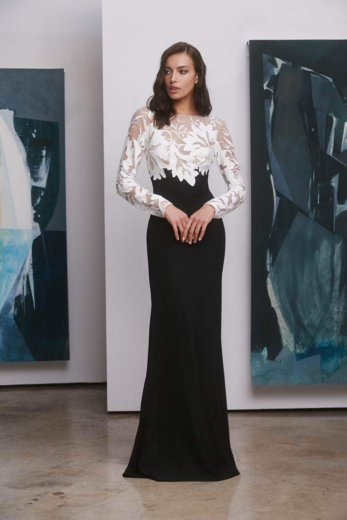 Tadashi Shoji - Embroidered Long Sleeve Sheath Dress Evening Dresses 0 / Ivory/Black