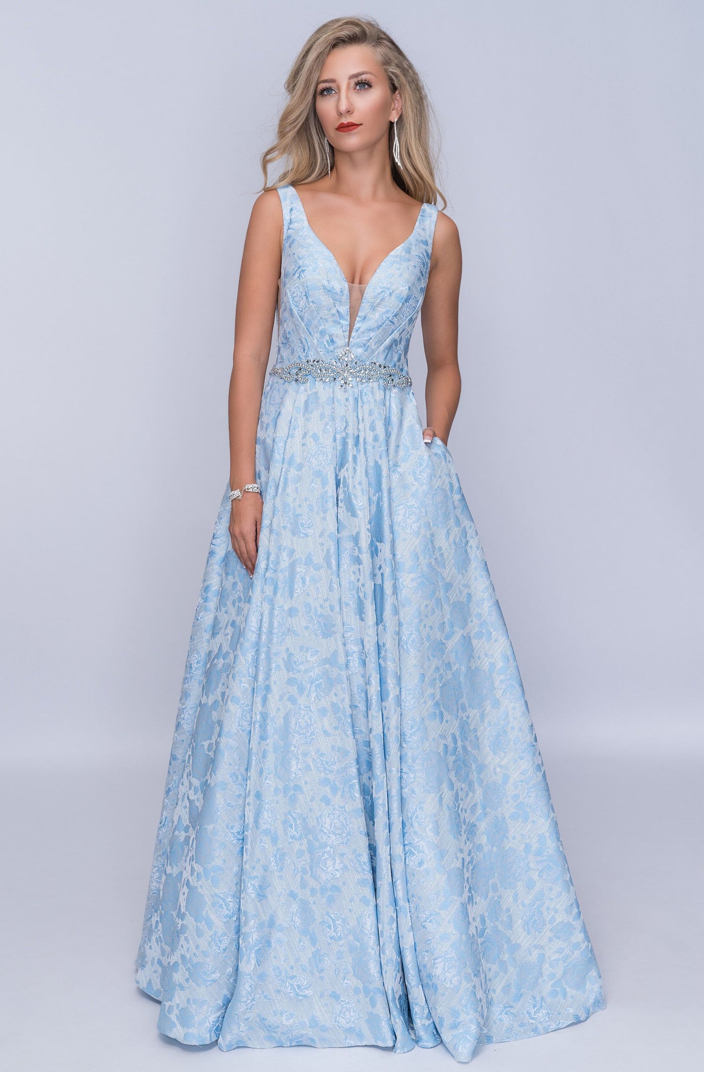 Nina Canacci - 3146 Illusion Plunging Neck Gem Embellished A Line Gown In Blue