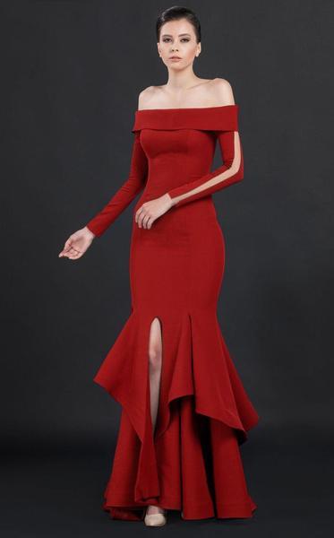 MNM COUTURE - N0043 Ruffled Off Shoulder Trumpet Gown In Red