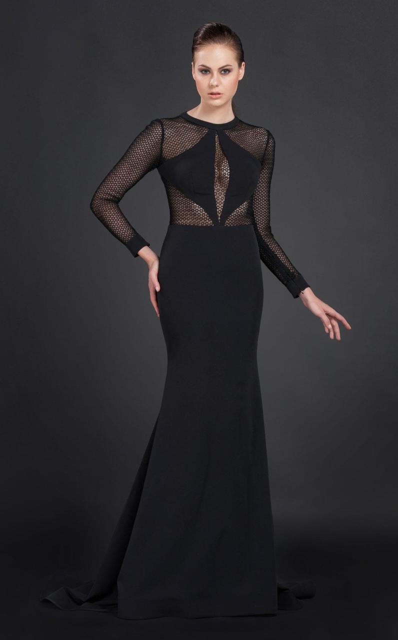 MNM Couture - N0044 Sheer Bodice Long-Sleeved Gown in Black