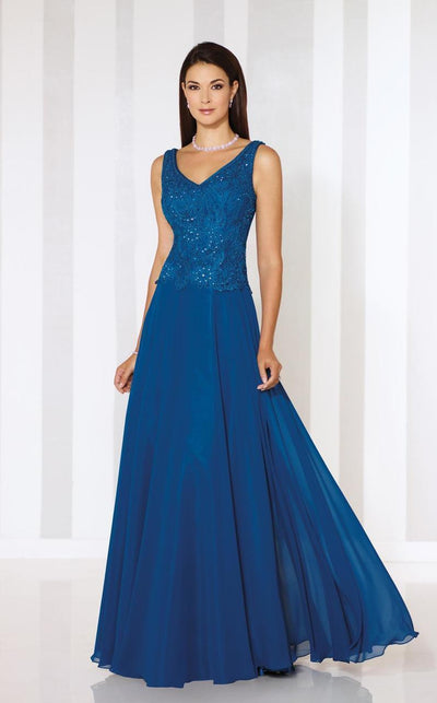 Cameron Blake - 116654 Embellished Chiffon A-line Dress in Persian Blue
