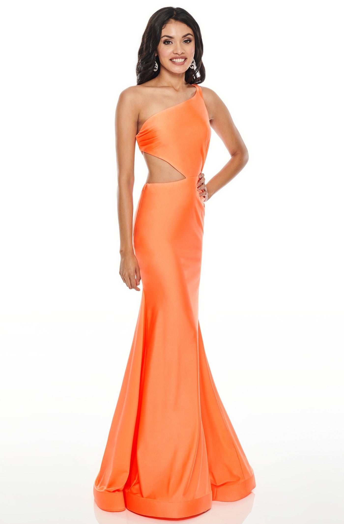 Rachel Allan - Asymmetrical Jersey Trumpet Evening Dress 7100 In Orange