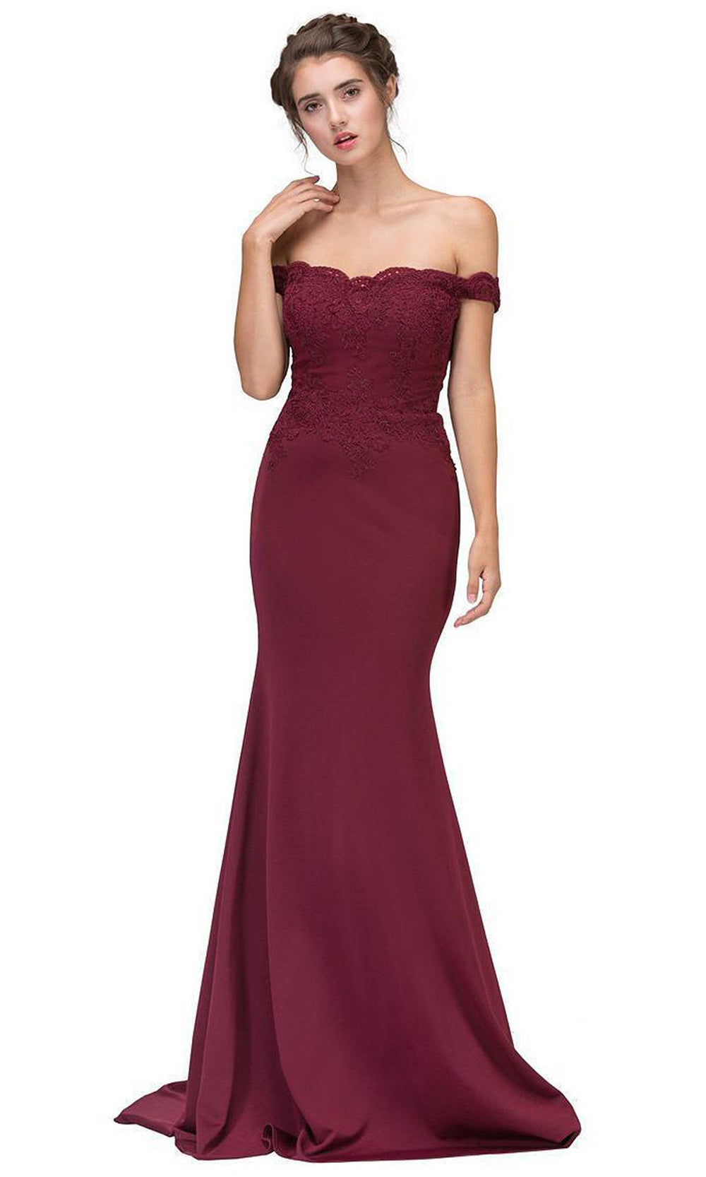Eureka Fashion - Off Shoulder Lace Appliqued Jersey Mermaid Gown 7100 - 1 pc Burgundy In Size S Available CCSALE L / Burgundy