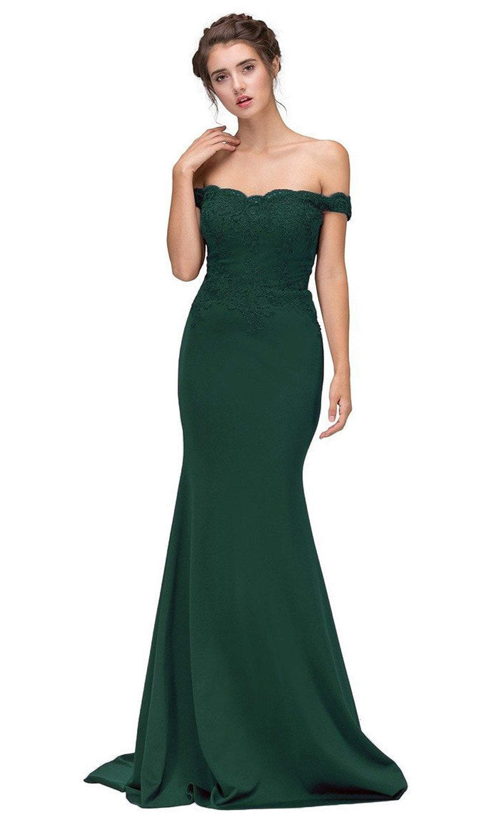 Eureka Fashion - Off Shoulder Lace Appliqued Jersey Mermaid Gown 7100 CCSALE XL / Hunter Green