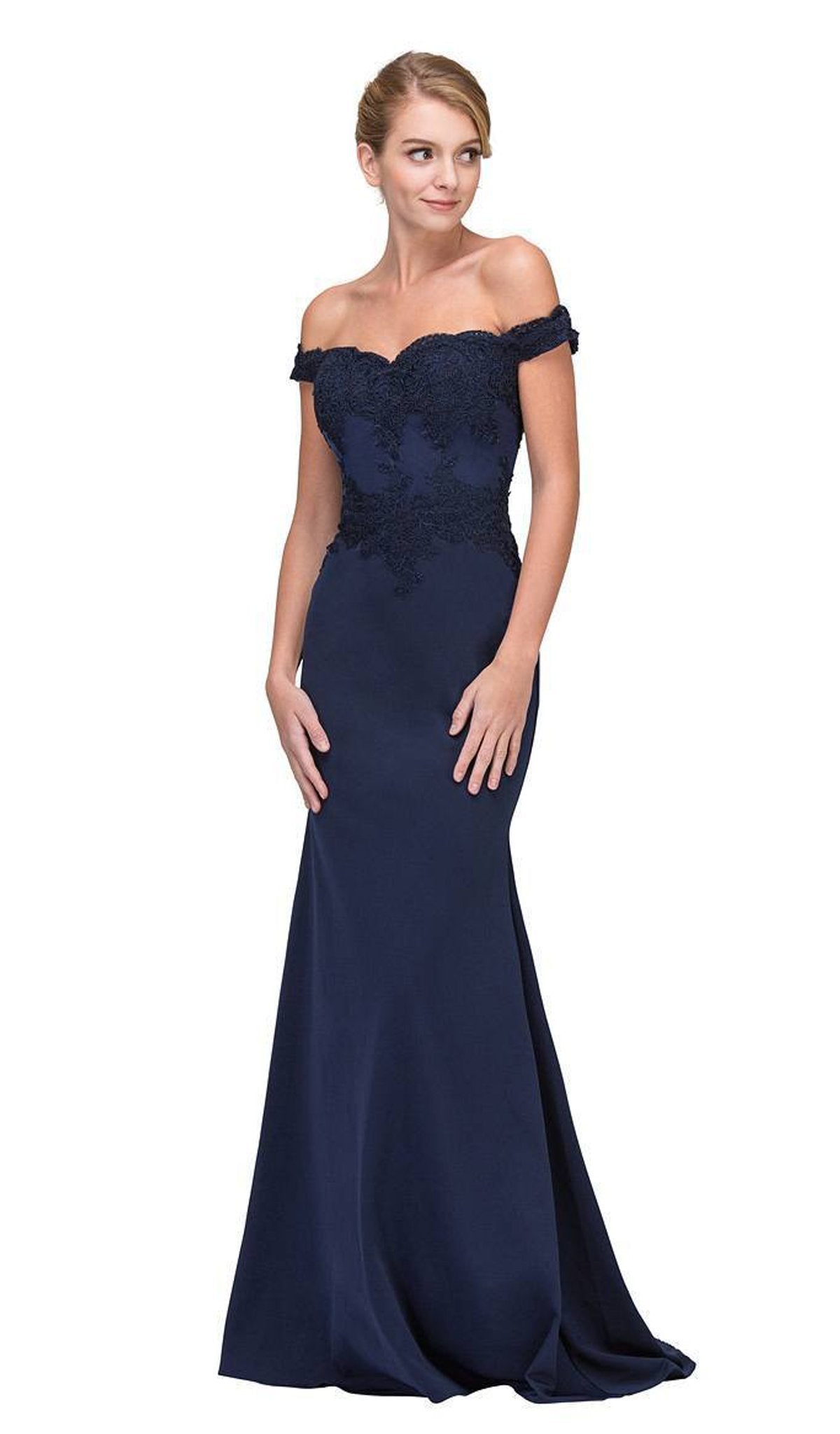 Eureka Fashion - Lace Applique Off Shoulder Jersey Mermaid Gown In Blue