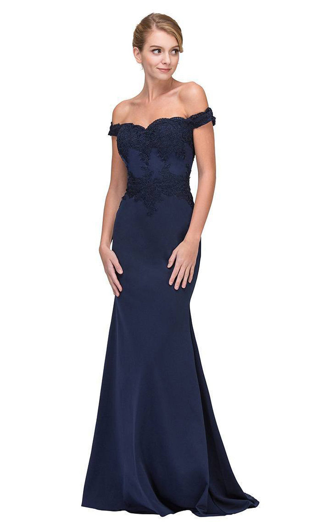 Eureka Fashion - Off Shoulder Lace Appliqued Jersey Mermaid Gown 7100 - 1 pc Burgundy In Size S Available CCSALE S / Navy