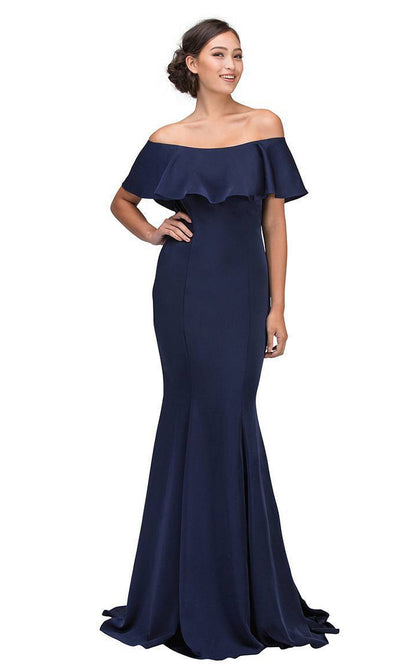 Eureka Fashion - 7113SC Short Sleeves Drapes Ruffled Gown In Blue