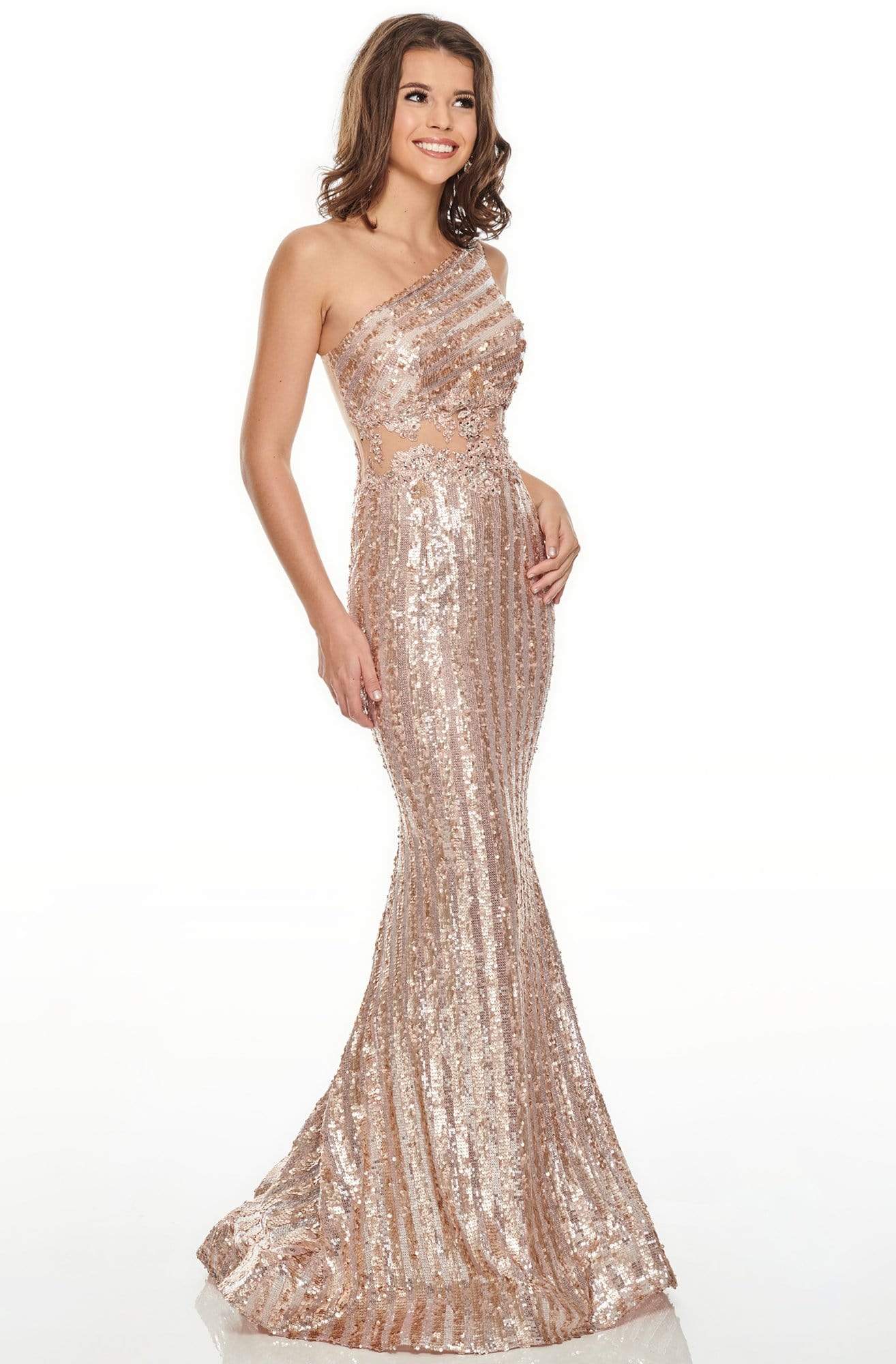 Rachel Allan Prom - 7121 Asymmetrical Sequined Trumpet Dress Prom Dresses 0 / Rose Gold