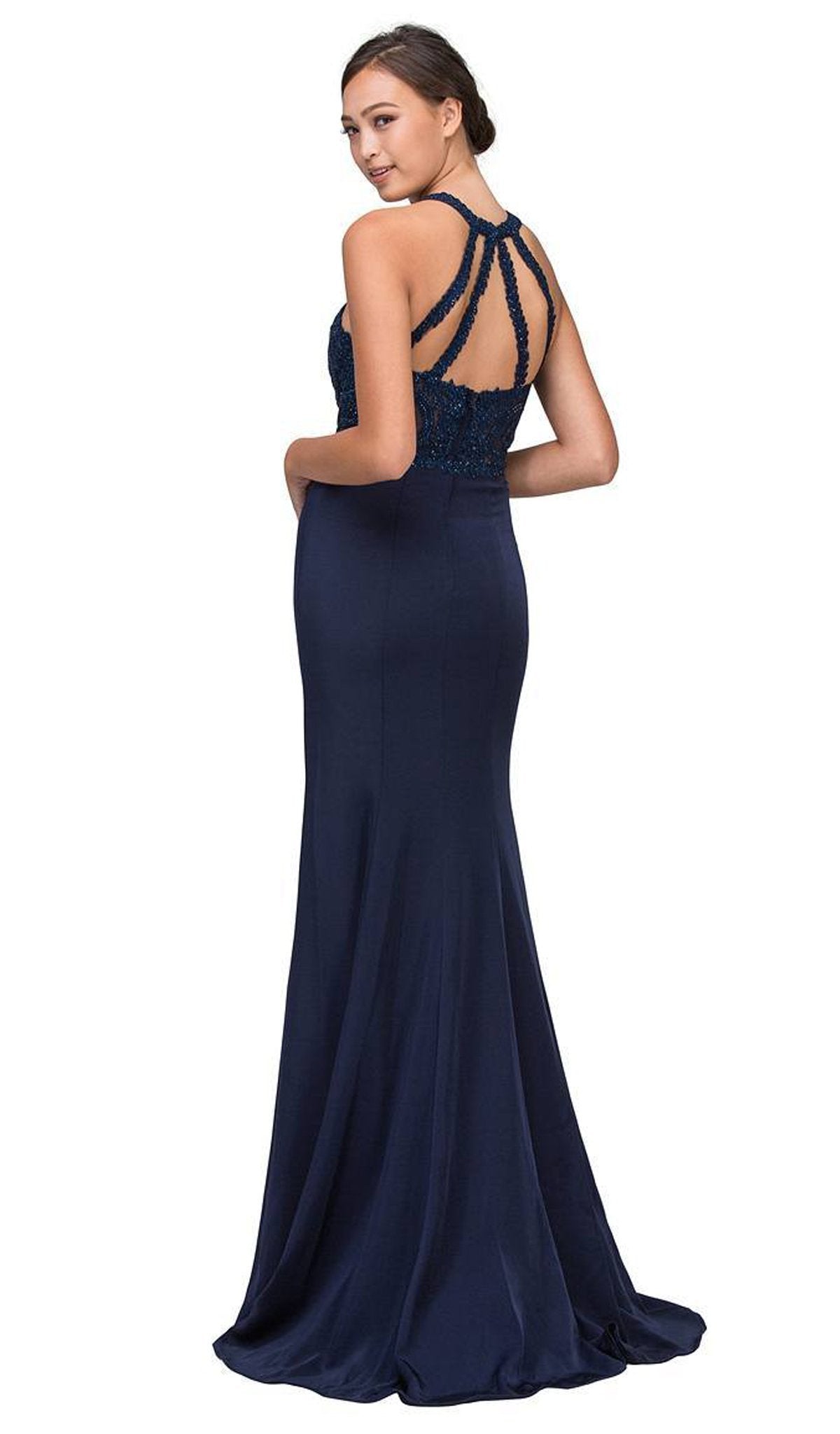 Eureka Fashion - Applique Halter Stretch Satin Trumpet Dress 7133 - 1 pc Navy In Size L Available In Blue