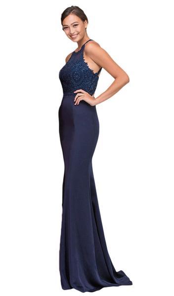 Eureka Fashion - Applique Halter Stretch Satin Trumpet Dress 7133 - 1 pc Navy In Size L Available in Blue