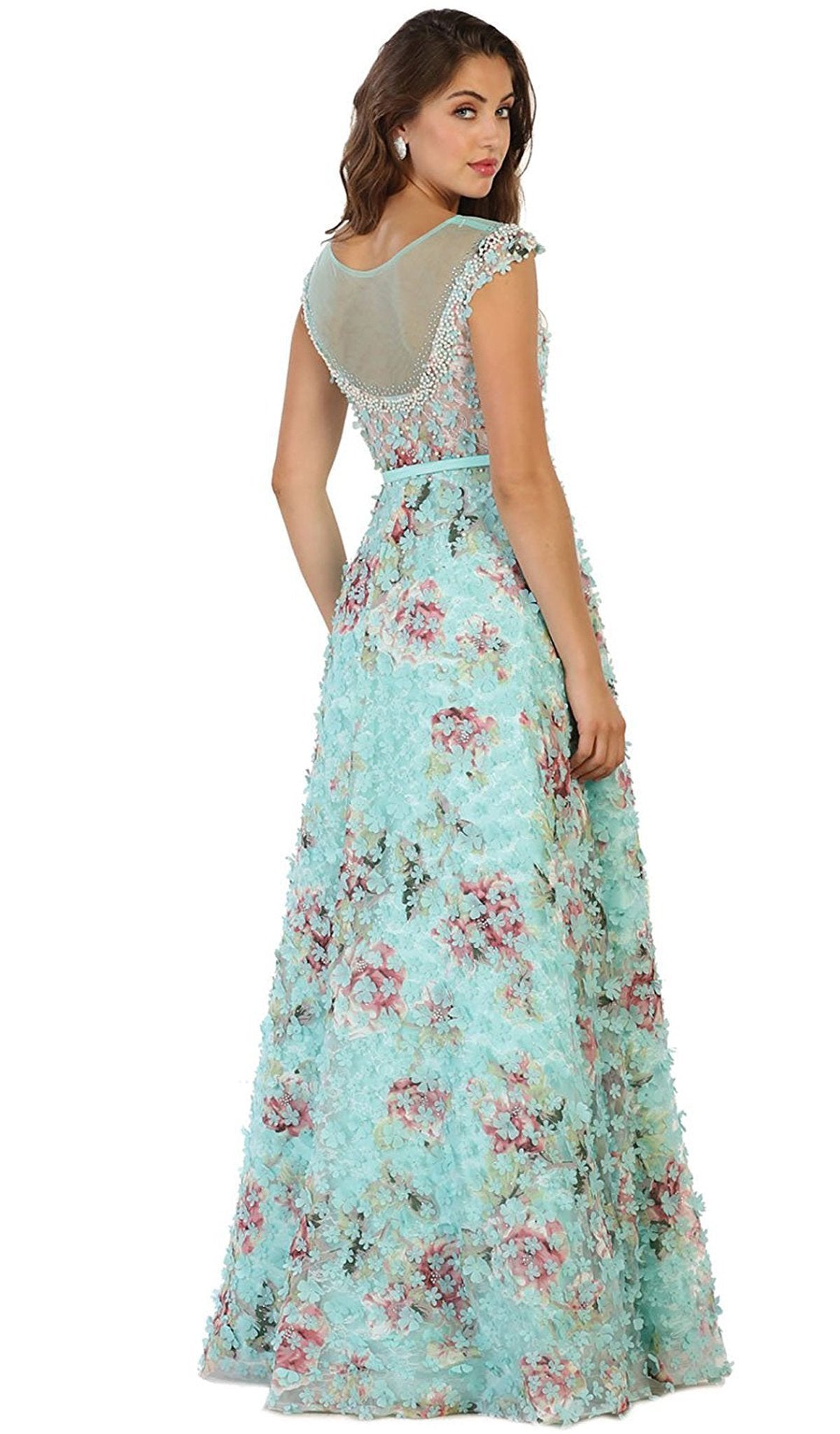 May Queen - RQ7554 Cap Sleeve Floral Embellished A-line Evening Gown In Blue