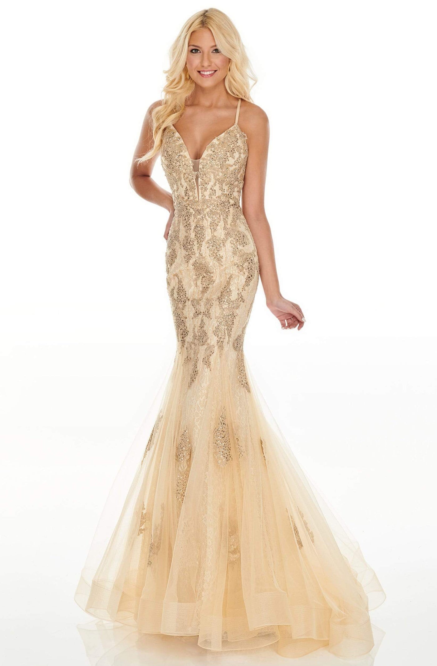 Rachel Allan Prom - 7150 Lace Deep V-Neck Mermaid Dress Prom Dresses 0 / Gold