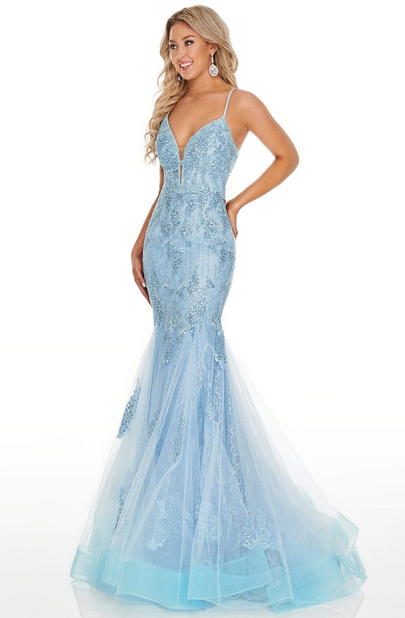 Rachel Allan Prom - 7150 Lace Deep V-Neck Mermaid Dress Prom Dresses 0 / Powder Blue