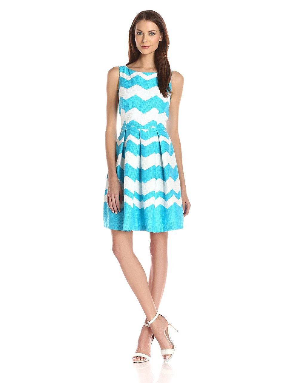 Taylor - Pleated Chevron Jacquard Dress 5445M in Blue and White