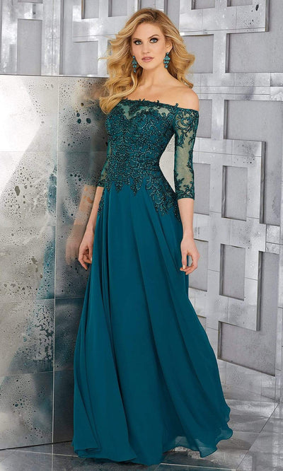 MGNY By Mori Lee - 71621 Crystal Beaded Off-Shoulder Chiffon Gown Mother of the Bride Dresses 2 / Teal