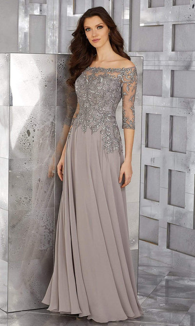 MGNY By Mori Lee - 71621 Crystal Beaded Off-Shoulder Chiffon Gown Mother of the Bride Dresses 2 / Pewter