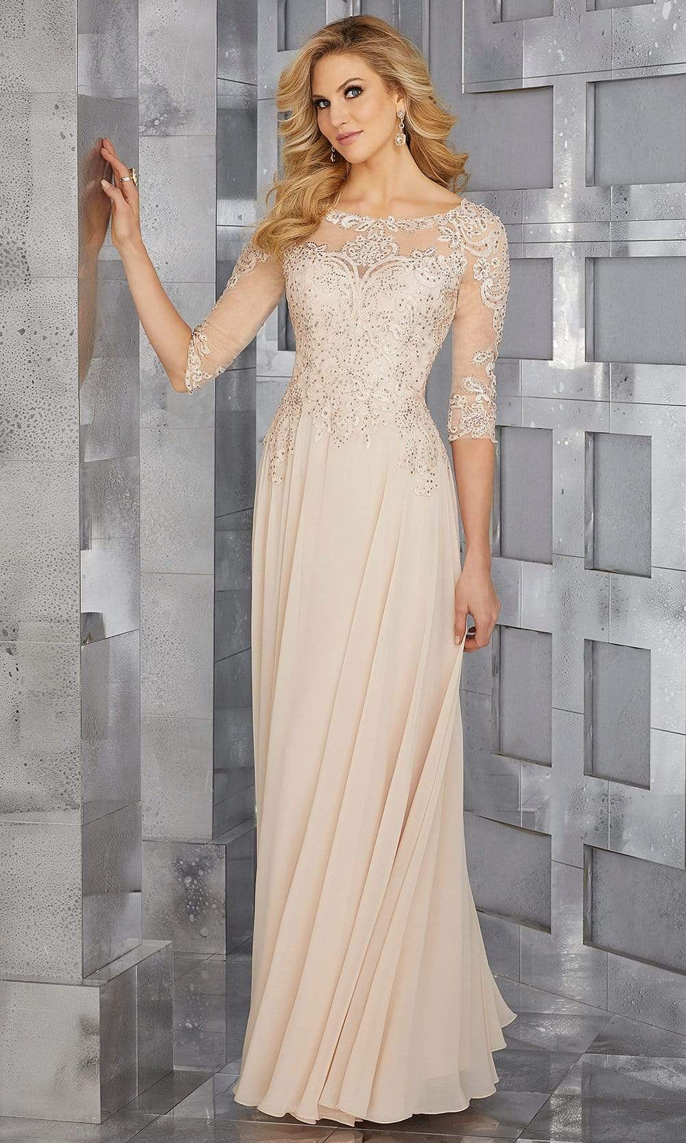 MGNY By Mori Lee - 71622 Embroidered Bateau Chiffon A-line Dress Mother of the Bride Dresses 2 / Champagne