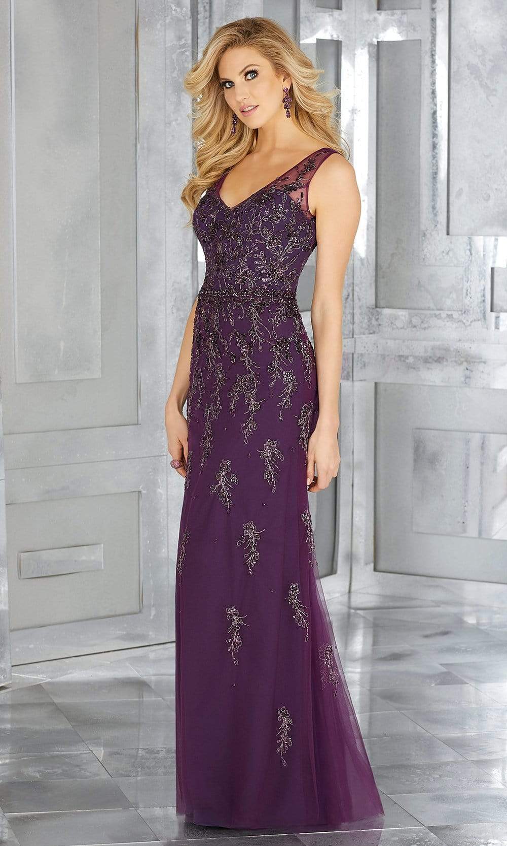 MGNY By Mori Lee - 71630 Embroidered V-neck A-line Dress Mother of the Bride Dresses 2 / Eggplant