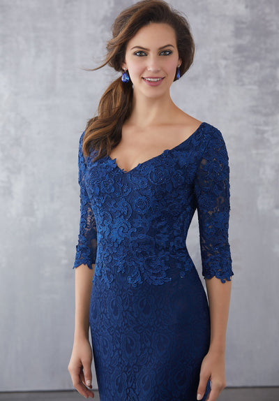 MGNY By Mori Lee - 71707 Embellished Lace V-neck Trumpet Dress In Blue