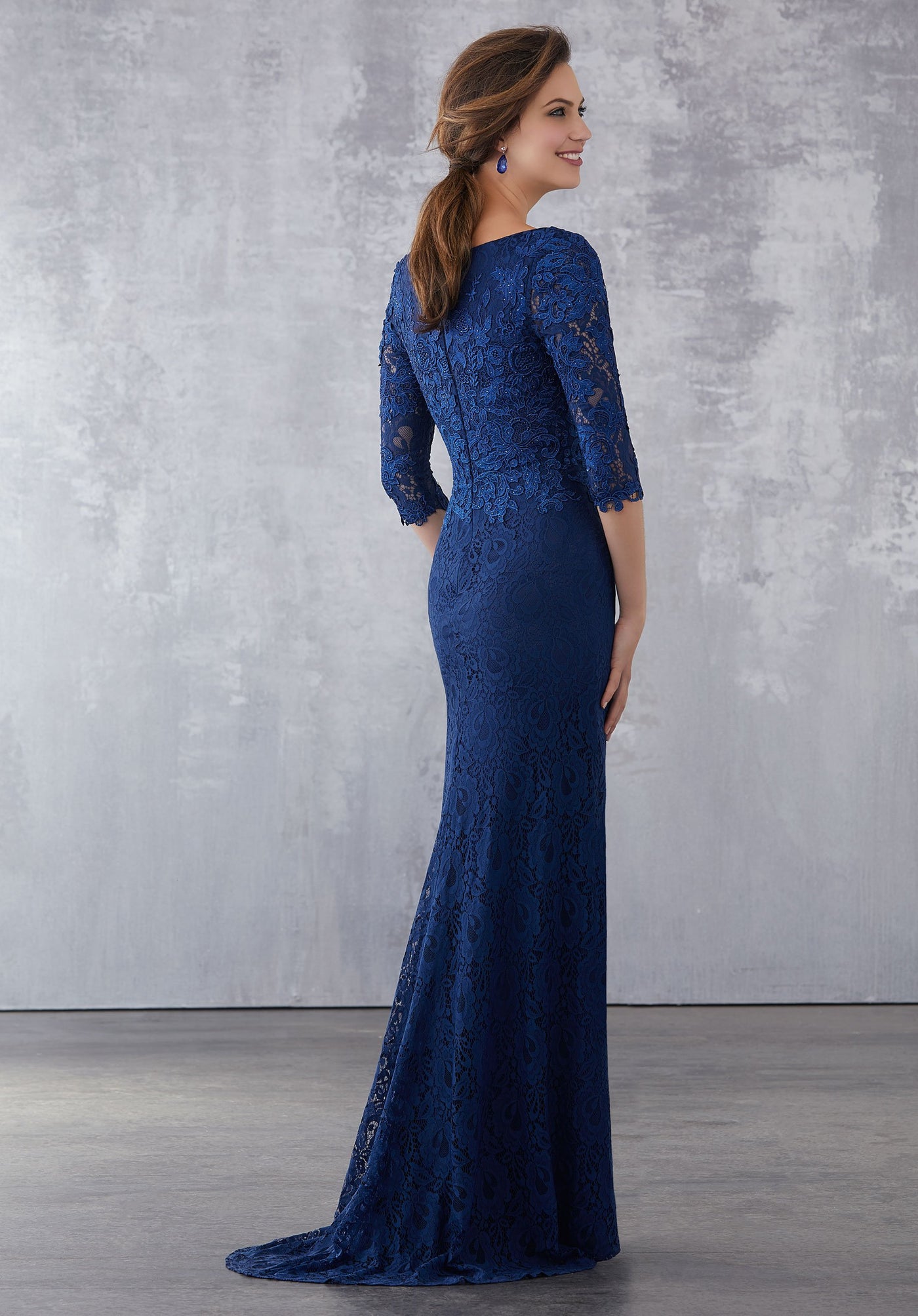 MGNY By Mori Lee - 71707 Embellished Lace V-neck Trumpet Dress In Blue