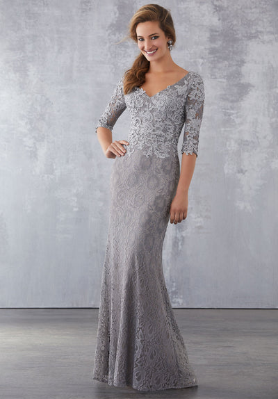 MGNY By Mori Lee - 71707 Embellished Lace V-neck Trumpet Dress In Silver