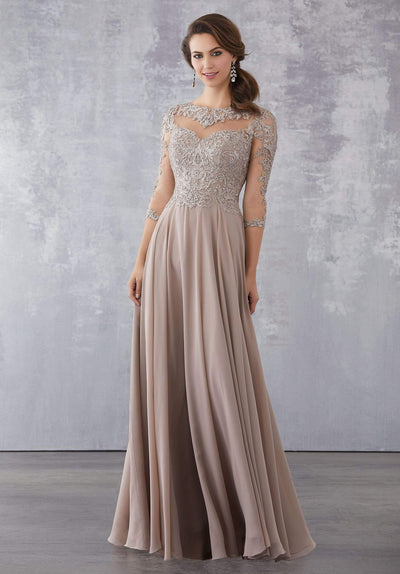 MGNY By Mori Lee - 71714 Beaded Lace Bateau A-Line Dress Mother of the Bride Dresses 0 / Taupe