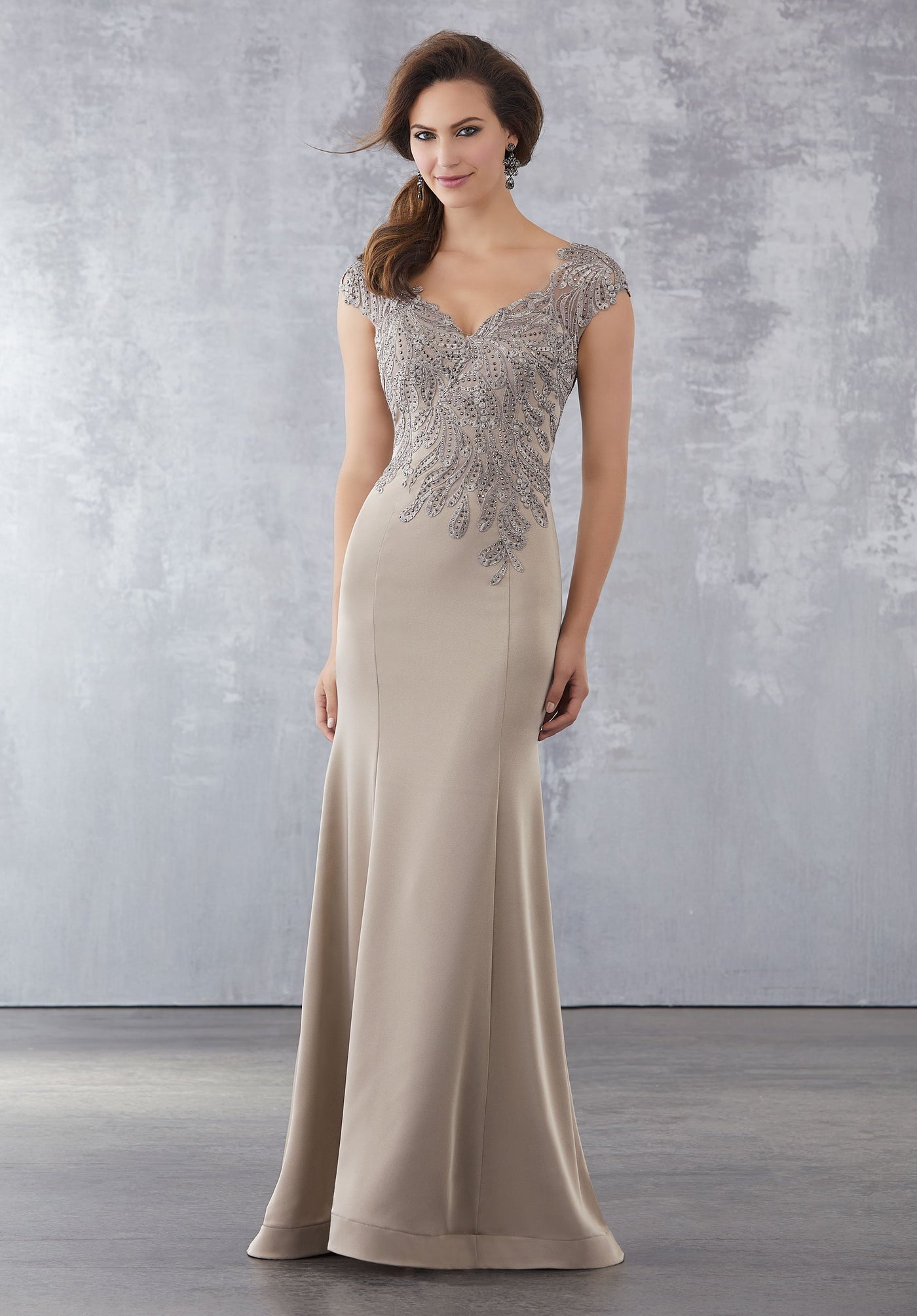MGNY By Mori Lee - 71718 Embroidered V-Neck Trumpet Gown In Brown