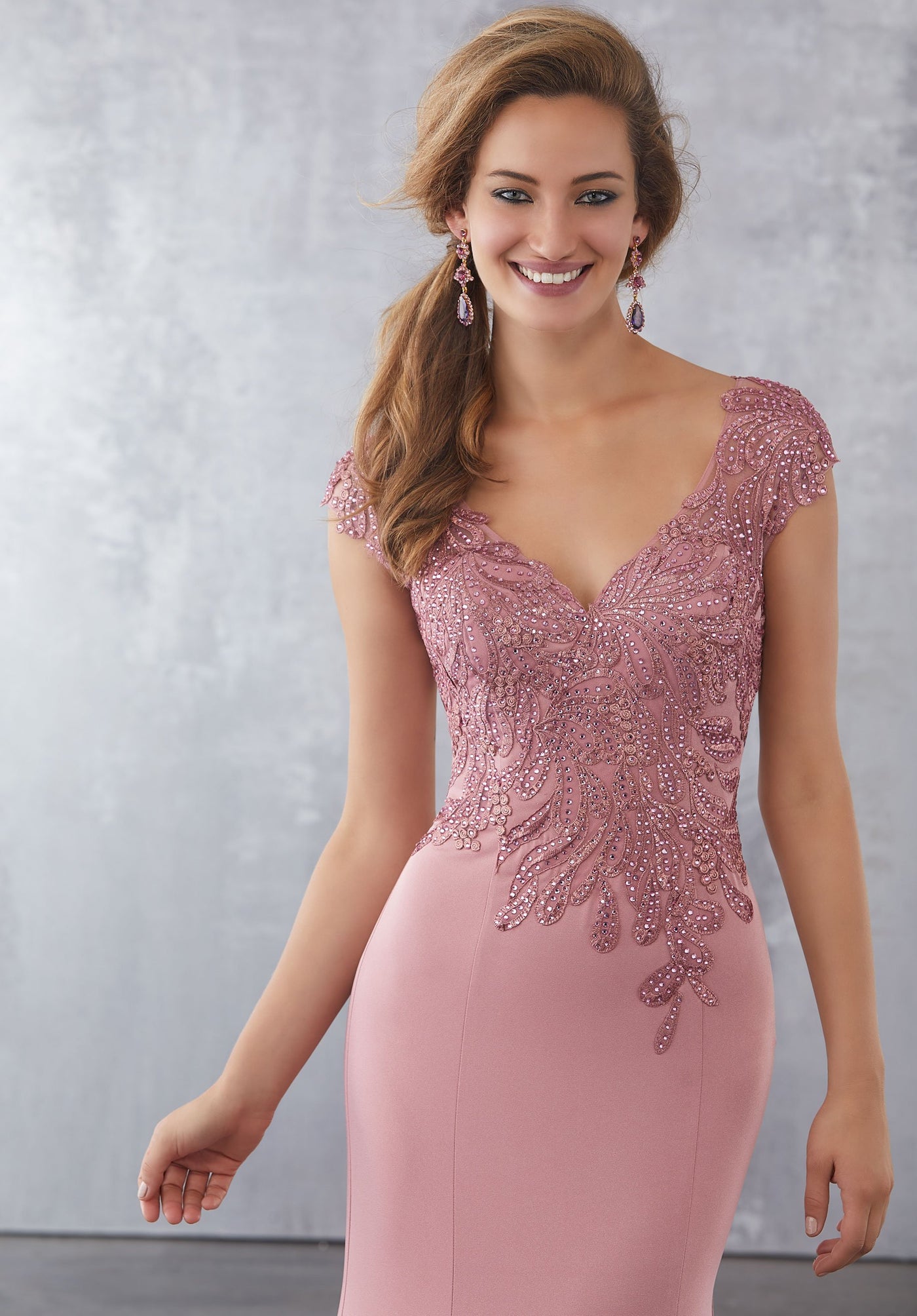 MGNY By Mori Lee - 71718 Embroidered V-Neck Trumpet Gown In Pink
