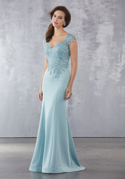 MGNY By Mori Lee - 71718 Embroidered V-Neck Trumpet Gown In Blue and Green