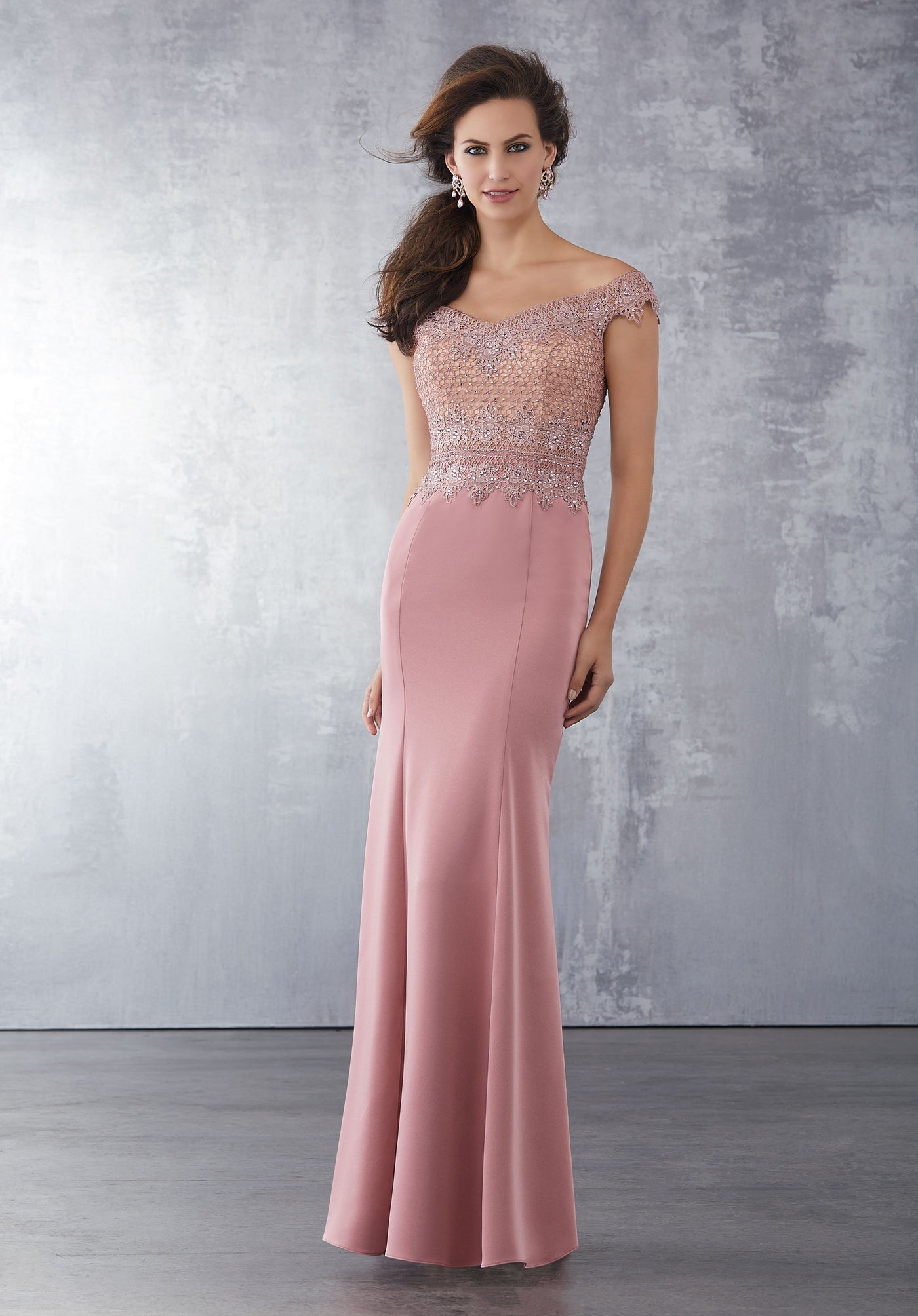 MGNY By Mori Lee - 71720 Embroidered Off-Shoulder Trumpet Dress In Pink and Neutral