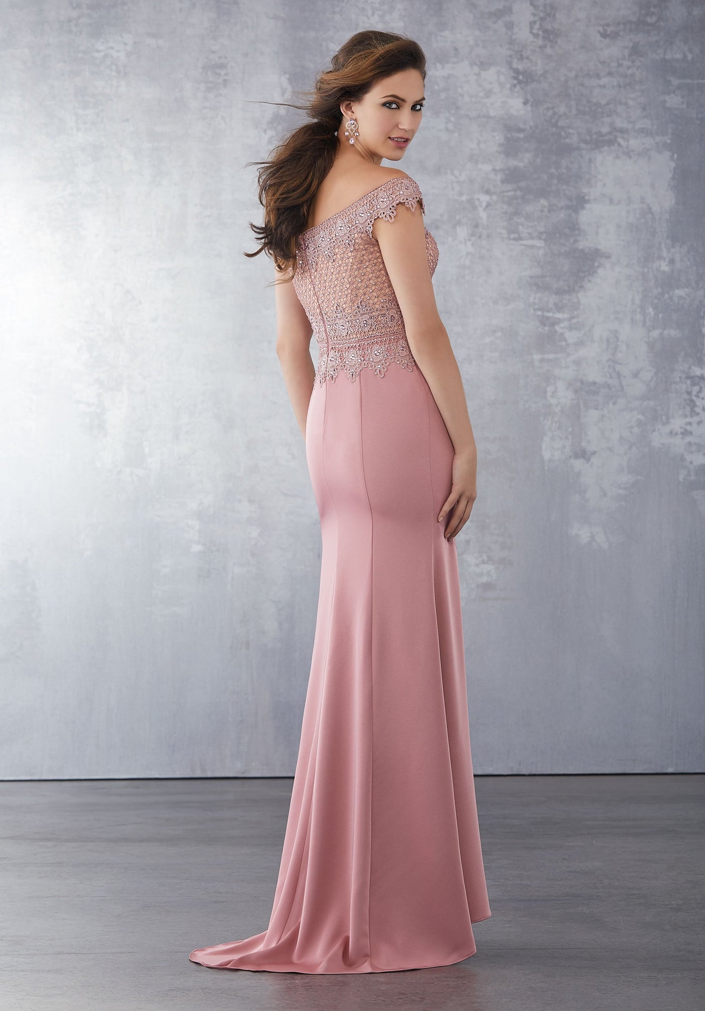 MGNY By Mori Lee - 71720 Embroidered Off-Shoulder Trumpet Dress In Pink and Neutral