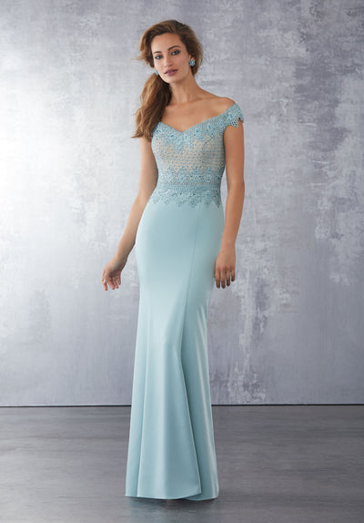 MGNY By Mori Lee - 71720 Embroidered Off-Shoulder Trumpet Dress In Green and Neutral