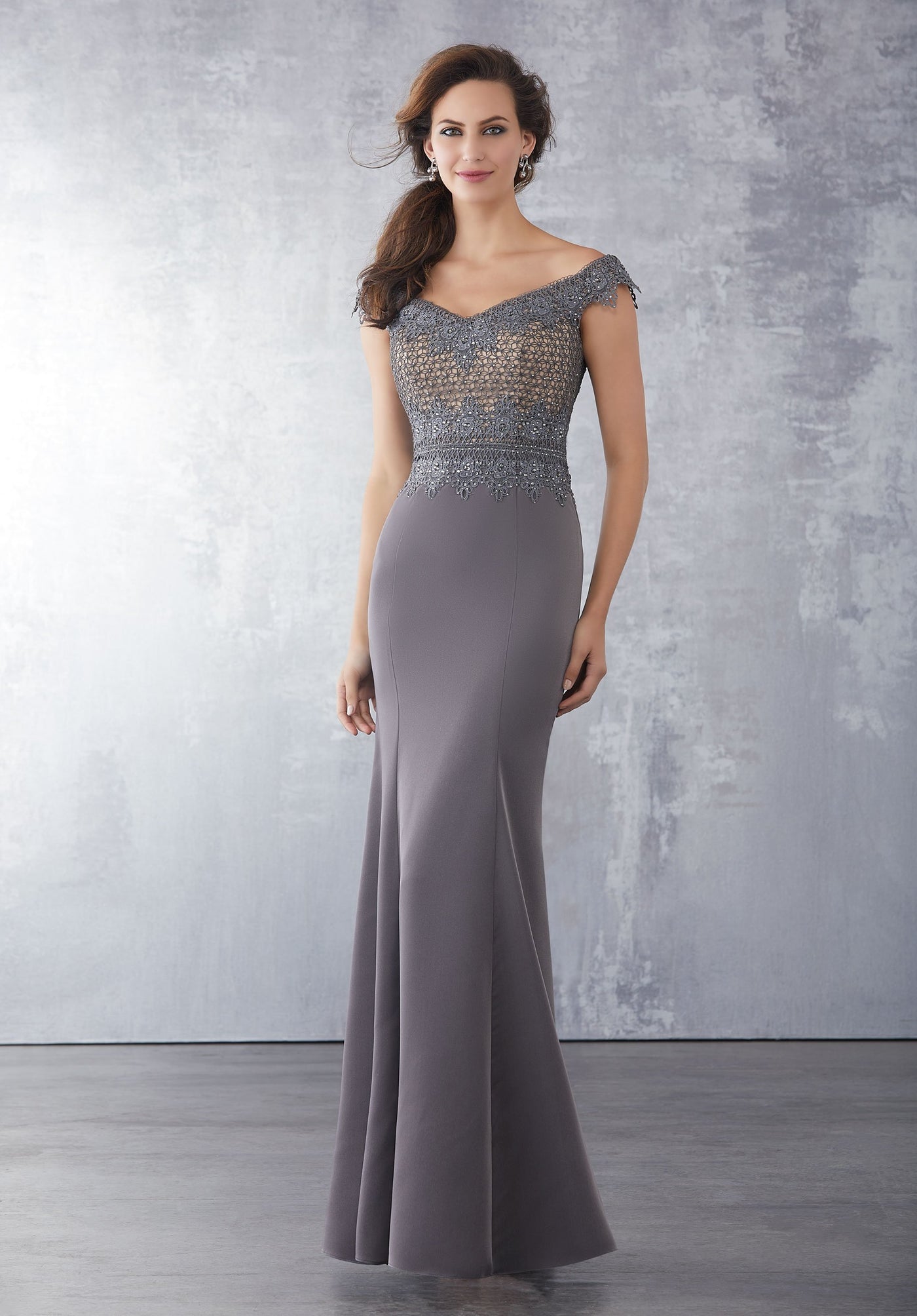 MGNY By Mori Lee - 71720 Embroidered Off-Shoulder Trumpet Dress In Gray and Neutral