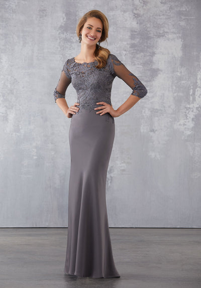 MGNY By Mori Lee - 71721 Embroidered Bateau Fitted Dress With Train In Gray