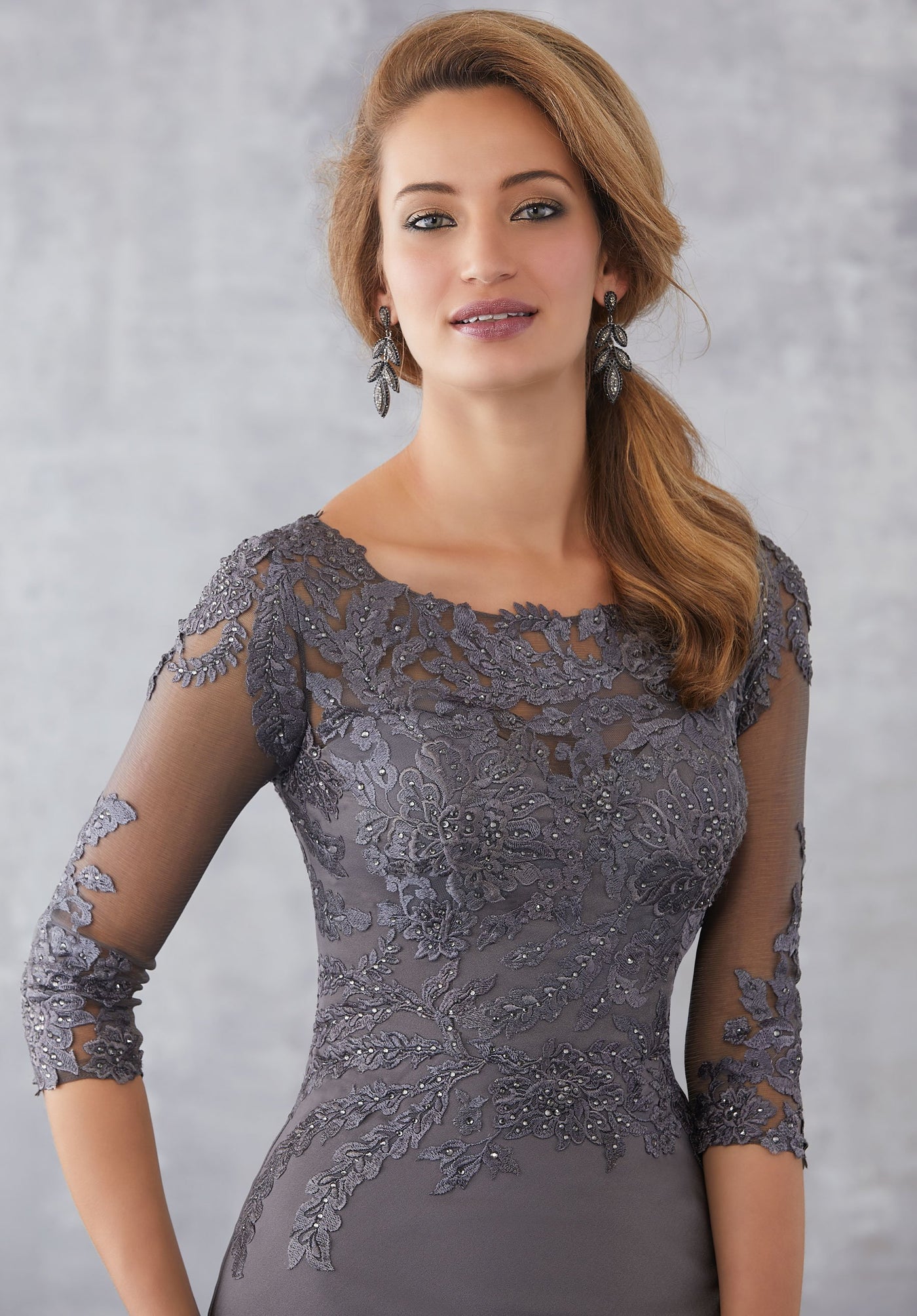 MGNY By Mori Lee - 71721 Embroidered Bateau Fitted Dress With Train In Gray