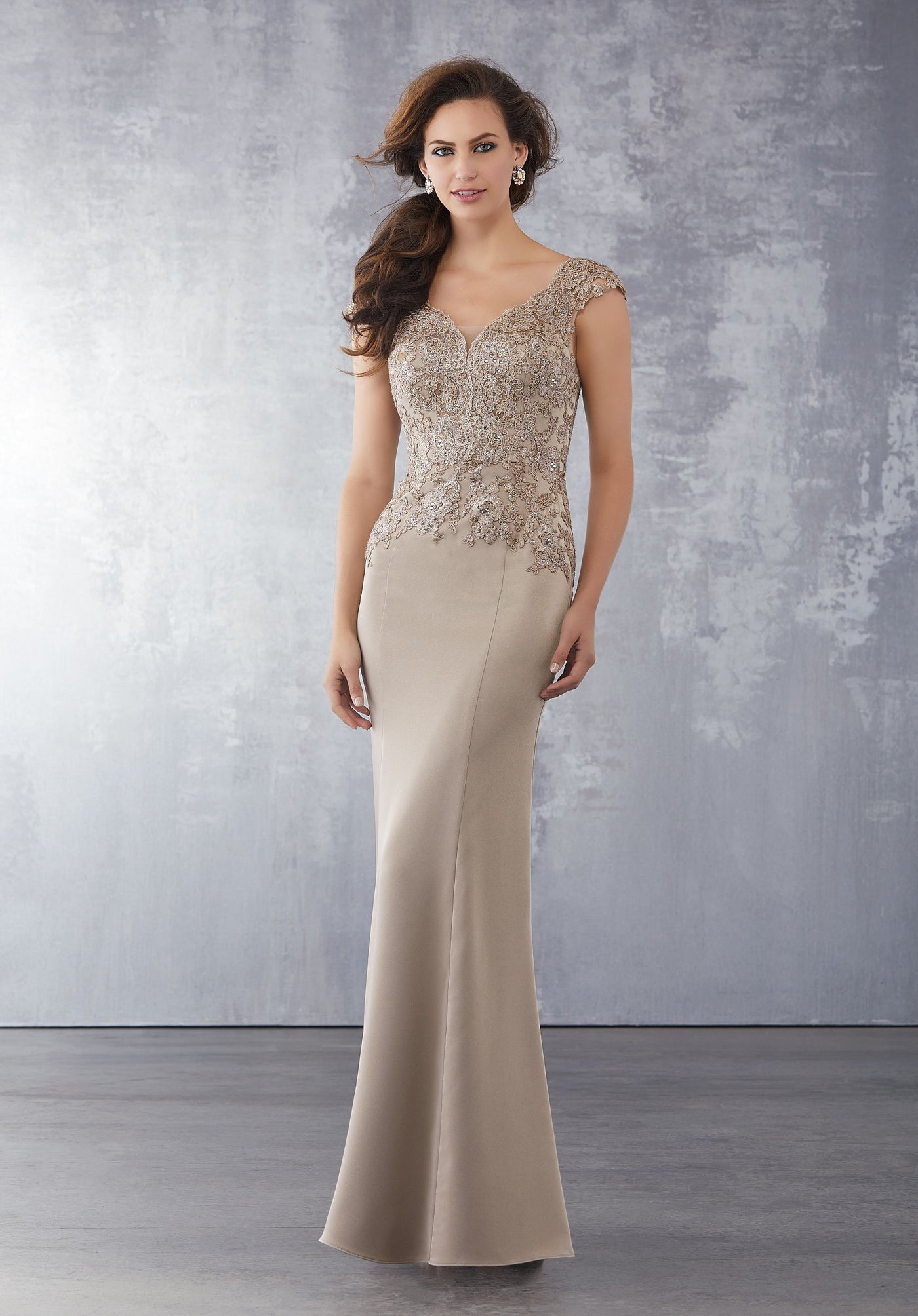 MGNY By Mori Lee - 71722 Beaded Lace V-Neck Evening Dress In Brown