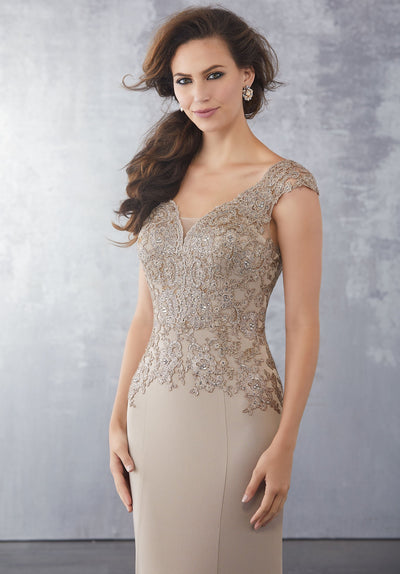 MGNY By Mori Lee - 71722 Beaded Lace V-Neck Evening Dress In Brown