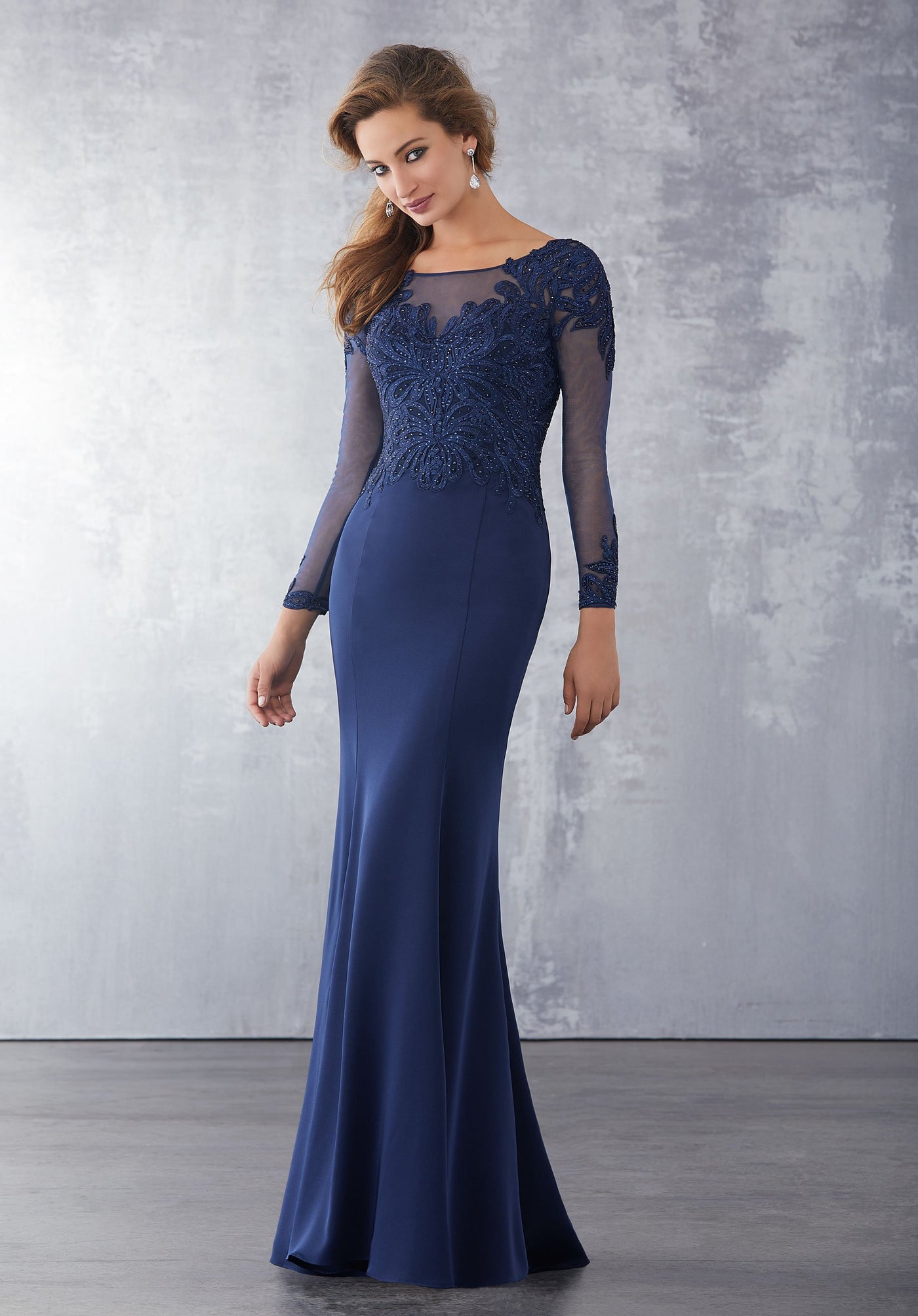 MGNY By Mori Lee - 71723 Embroidered Long Sleeve Trumpet Dress In Blue