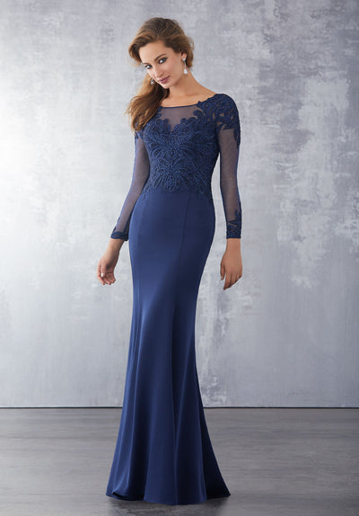 MGNY By Mori Lee - 71723 Embroidered Long Sleeve Trumpet Dress In Blue