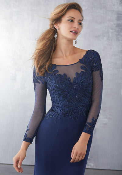 MGNY By Mori Lee - 71723 Embroidered Long Sleeve Trumpet Dress In Blue